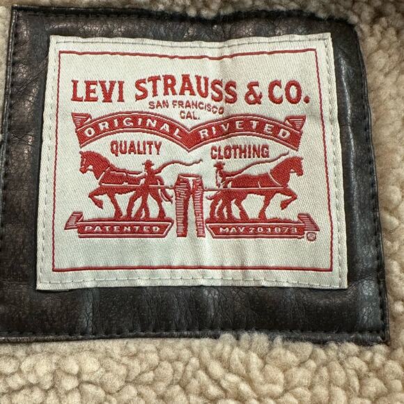 Levi’s Dark Brown Faux Leather and Shearling Mens XL Heavy Coat Sweatshirt Trim - Picture 4 of 9